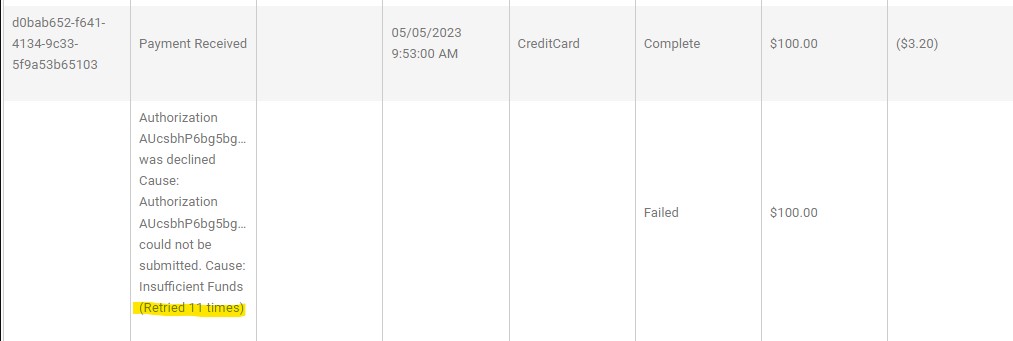 screenshot showing retried payment